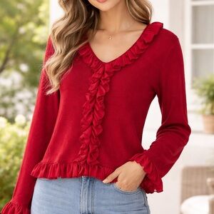Vintage Fred David Red Ruffle Sweater Y2K Romantic Size L